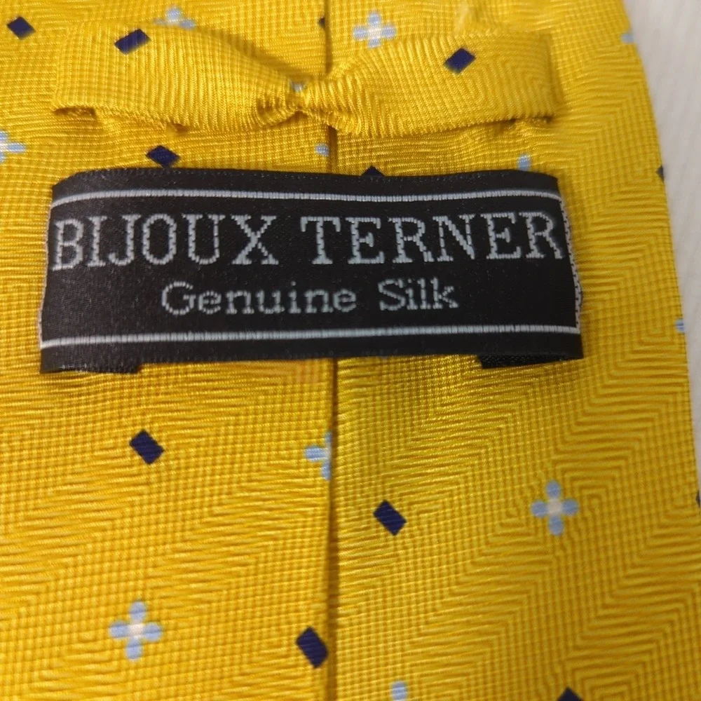 Bijoux Terner 100% Silk Tie Yellow With Navy Squares‎ And Blue Dot Flowers 63